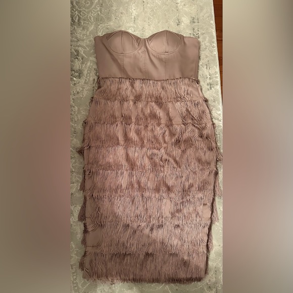 LAVISH ALICE: Satin Corset Midi Dress With Fringe
Skirt in Mink - Picture 6 of 9